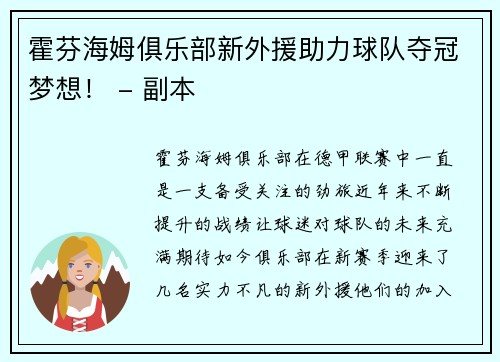 霍芬海姆俱乐部新外援助力球队夺冠梦想！ - 副本