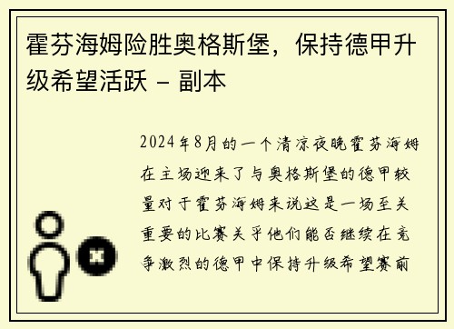 霍芬海姆险胜奥格斯堡，保持德甲升级希望活跃 - 副本