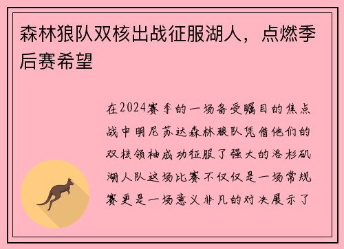 森林狼队双核出战征服湖人，点燃季后赛希望