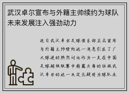 武汉卓尔宣布与外籍主帅续约为球队未来发展注入强劲动力