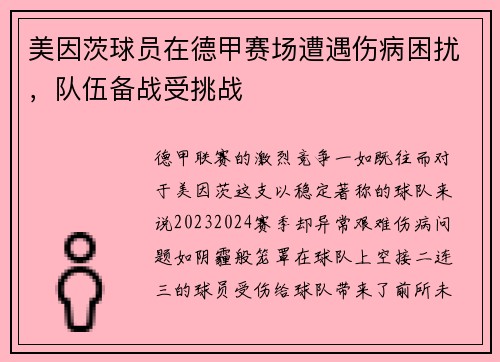 美因茨球员在德甲赛场遭遇伤病困扰，队伍备战受挑战