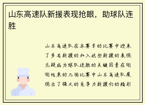 山东高速队新援表现抢眼，助球队连胜