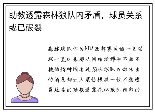 助教透露森林狼队内矛盾，球员关系或已破裂