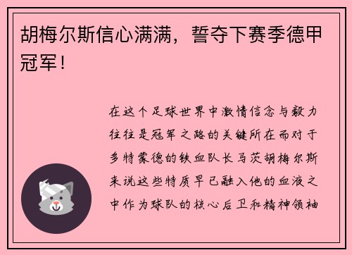 胡梅尔斯信心满满，誓夺下赛季德甲冠军！