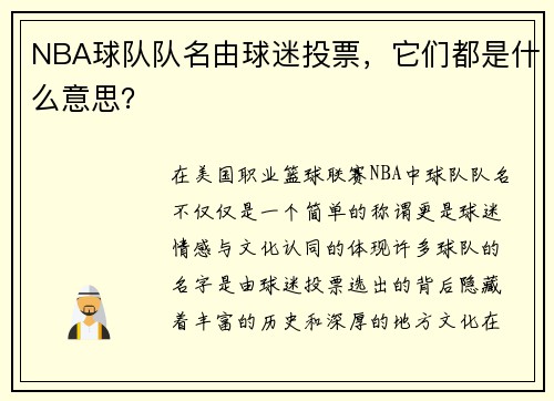 NBA球队队名由球迷投票，它们都是什么意思？