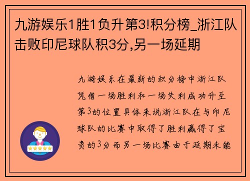 九游娱乐1胜1负升第3!积分榜_浙江队击败印尼球队积3分,另一场延期