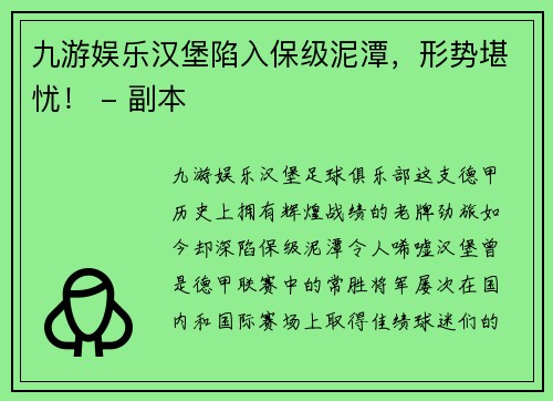 九游娱乐汉堡陷入保级泥潭，形势堪忧！ - 副本